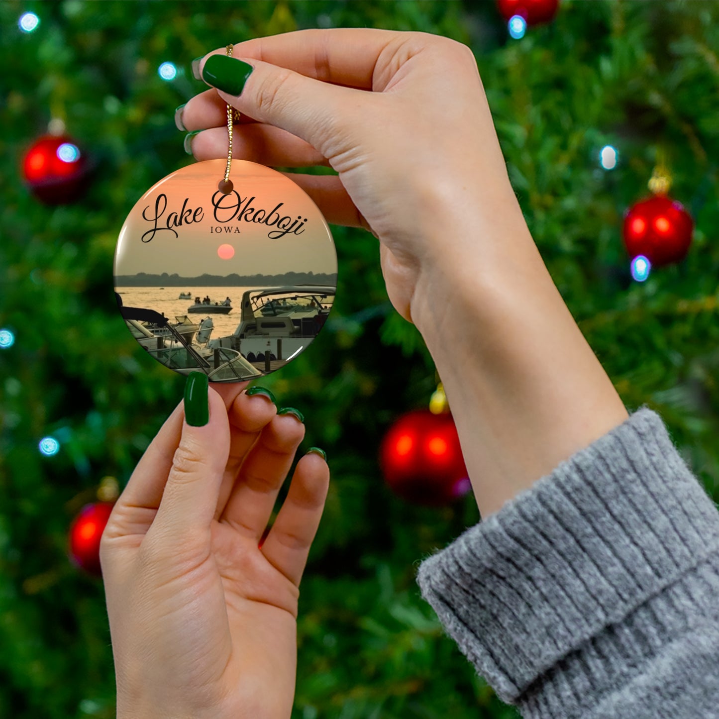 Lake Okoboji Iowa Christmas Holiday Keepsake Circle Ceramic Ornament