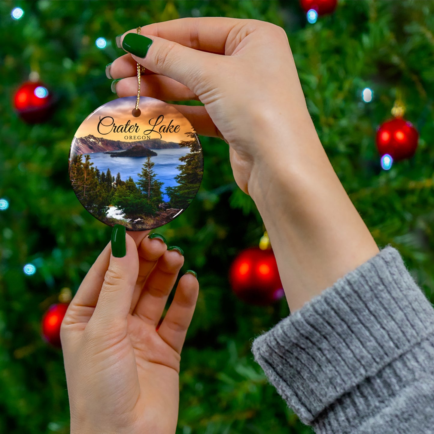 Crater Lake Oregon Christmas Holiday Keepsake Circle Ceramic Ornament