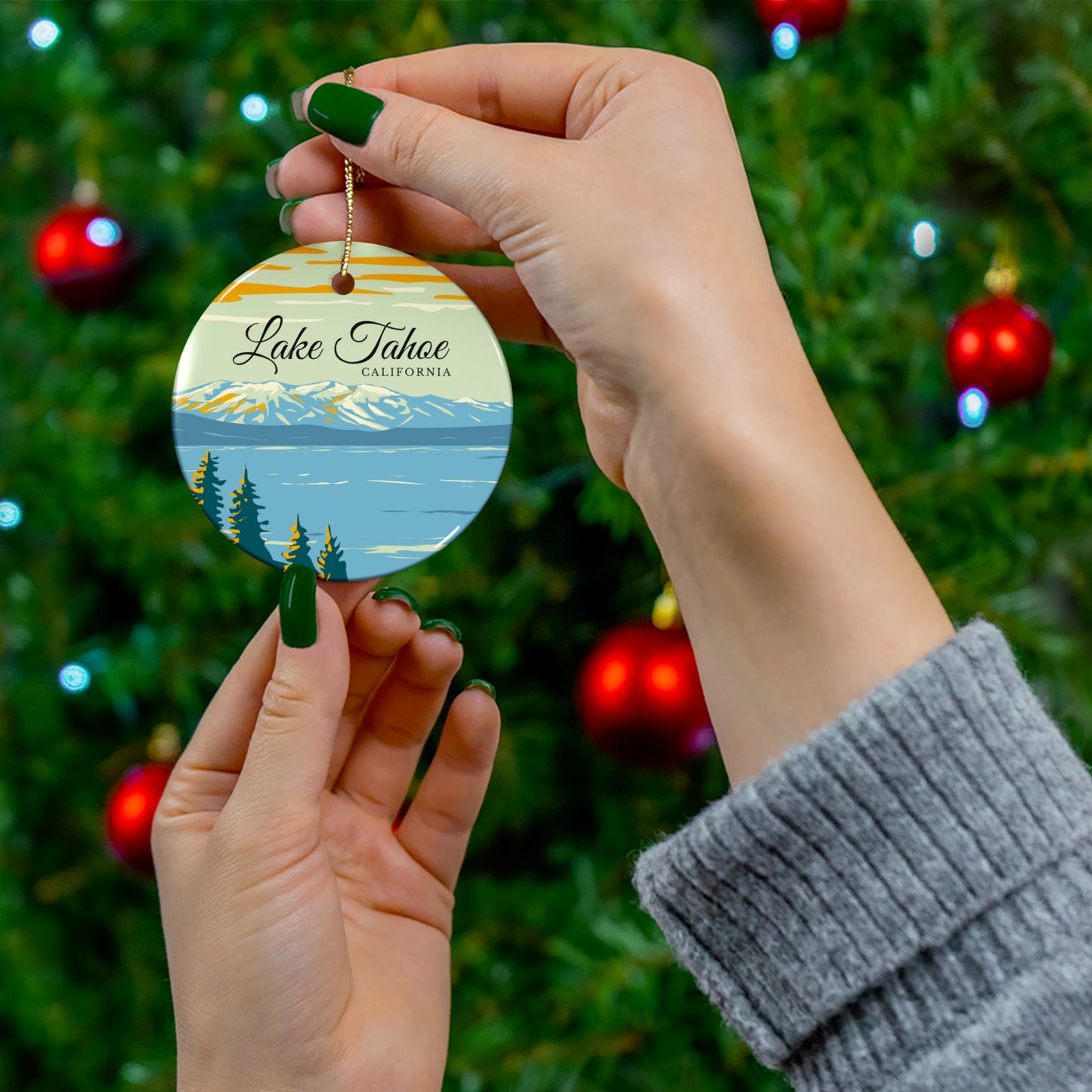 Lake Tahoe California Christmas Holiday Keepsake Ceramic Circle Ornament