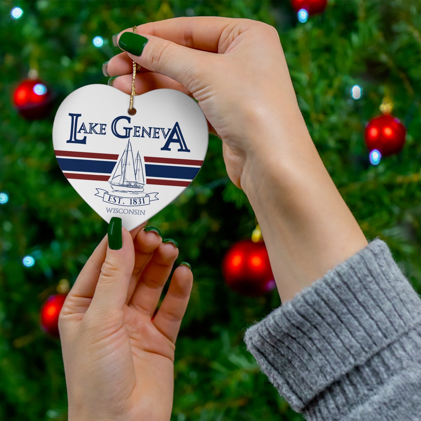 Lake Geneva Wisconsin Christmas Holiday Ornament Boat Ceramic Keepsake Circle