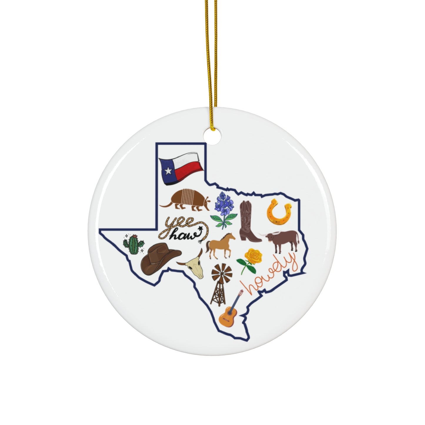 Texas Themed Holiday Christmas Ceramic Ornament Cowboy Yeehaw horse bluebonnet