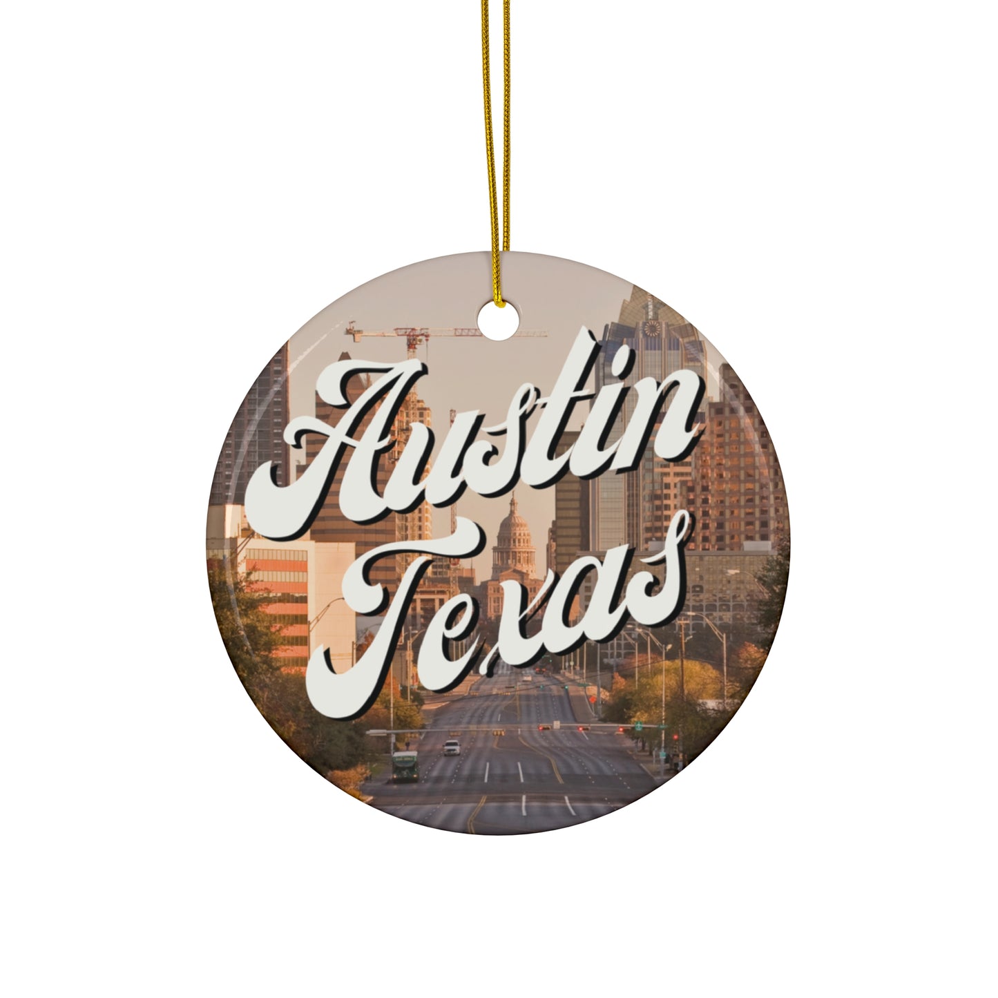 Texas Capital Holiday Decor, Austin Souvenir Gift, State Capital Christmas Ornament, Texas Travel Keepsake, Circle Ceramic Ornament