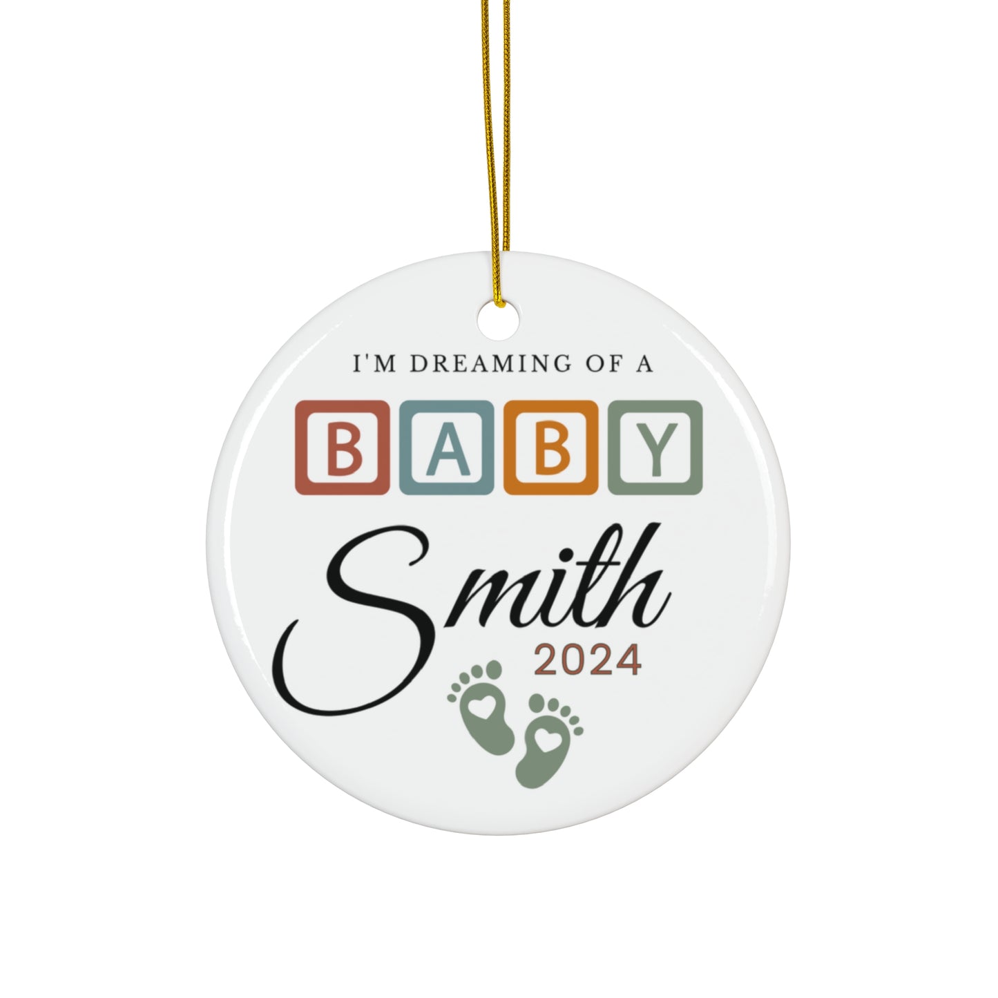 Custom Baby Announcement 2024 Coming Arriving Soon Christmas Holiday Ceramic Ornament 3 shapes - Heart, Circle, Snowflake Customizable