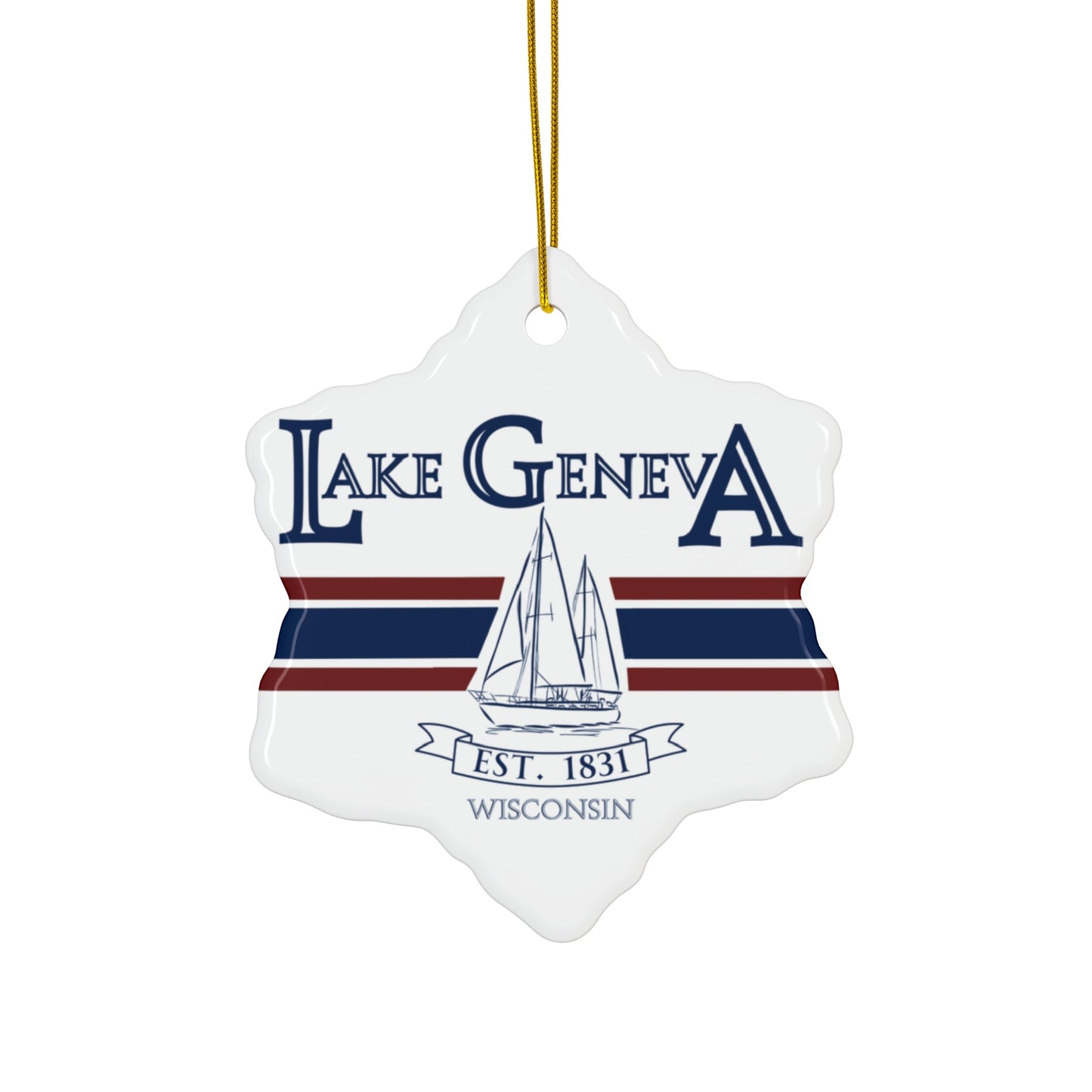 Lake Geneva Wisconsin Christmas Holiday Ornament Boat Ceramic Keepsake Circle