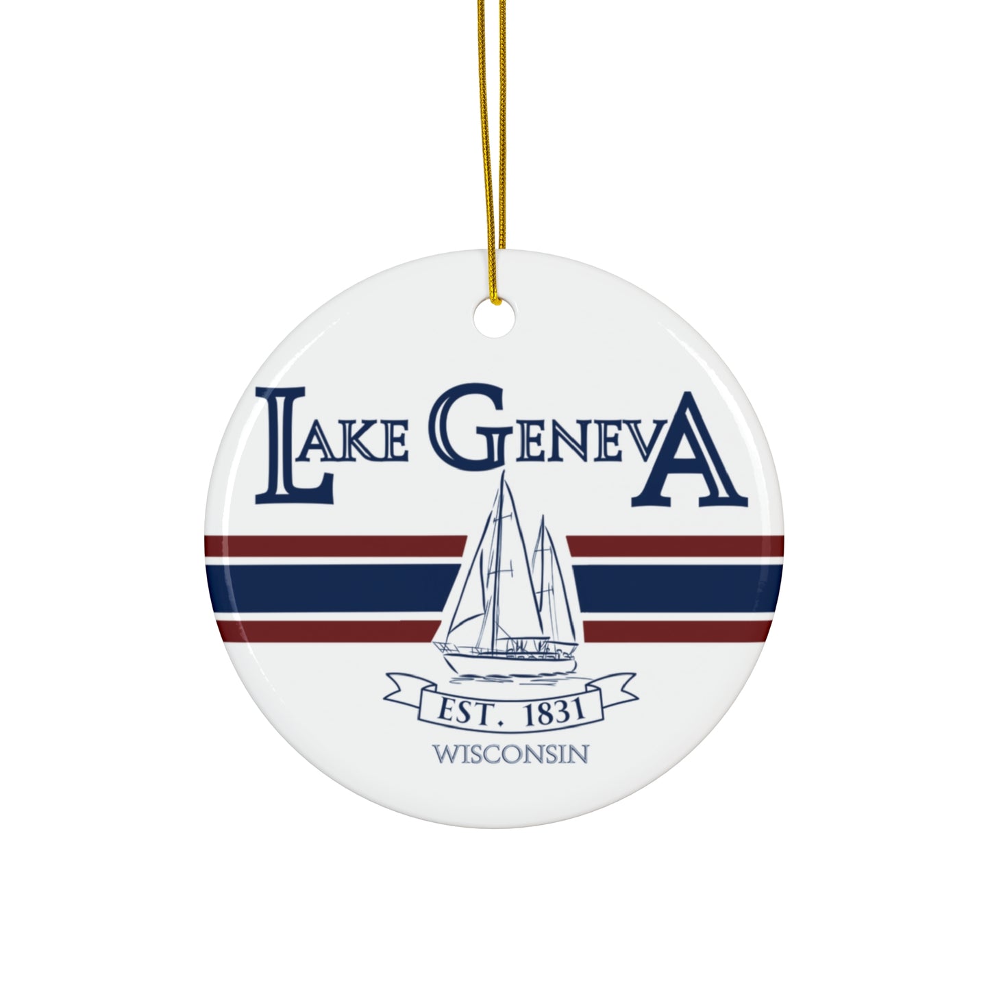Lake Geneva Wisconsin Christmas Holiday Ornament Boat Ceramic Keepsake Circle