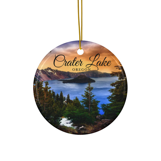 Crater Lake Oregon Christmas Holiday Keepsake Circle Ceramic Ornament