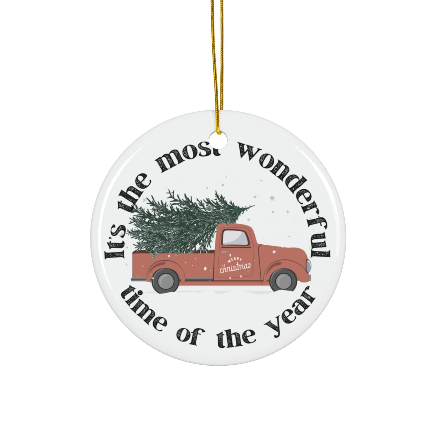 Christmas Holiday Truck Circle Ceramic Ornament