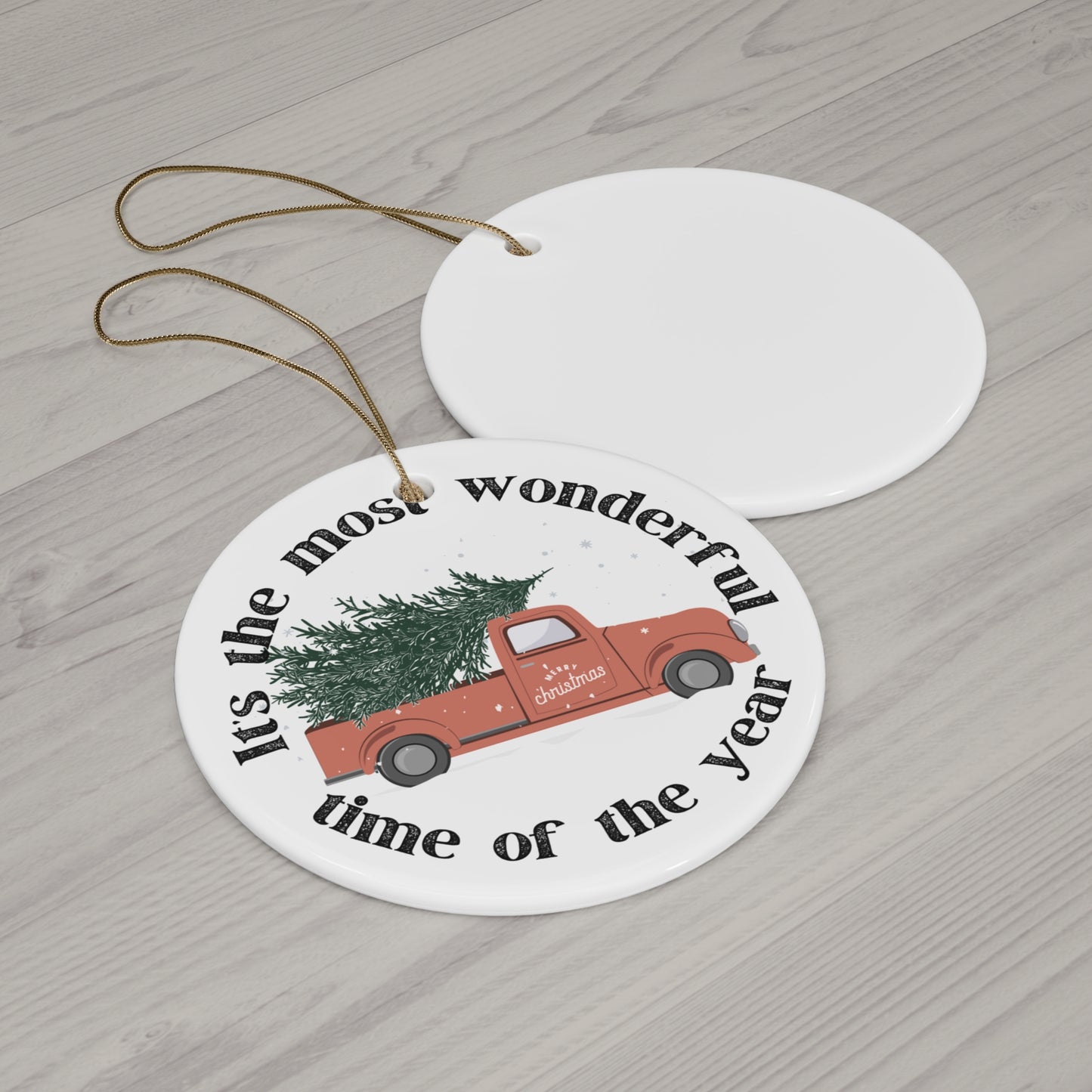 Christmas Holiday Truck Circle Ceramic Ornament