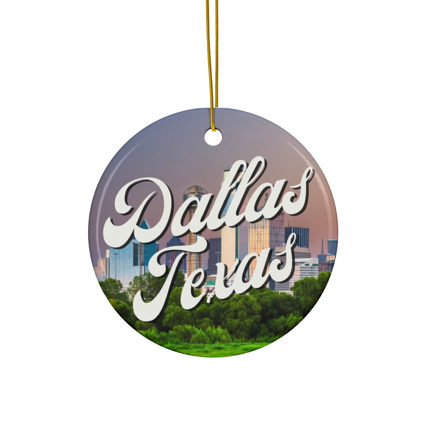 Circle Ceramic Ornament, Dallas Texas Skyline, Holiday Decor, Christmas Decoration, Gift for Traveler, Souvenir Ornament, Texas Lover Gift
