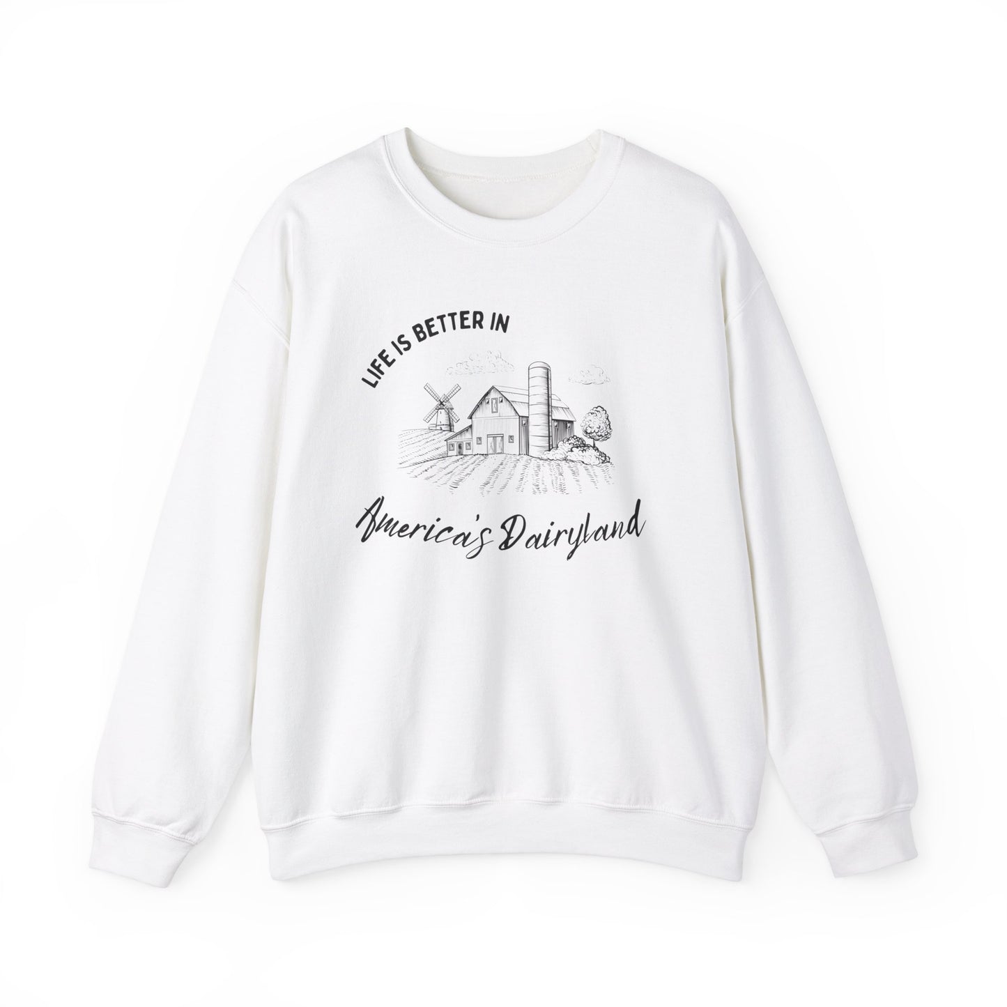 Life is Better in America's Dairyland Wisconsin Farm Sweater Unisex Heavy Blend™ Crewneck Sweatshirt
