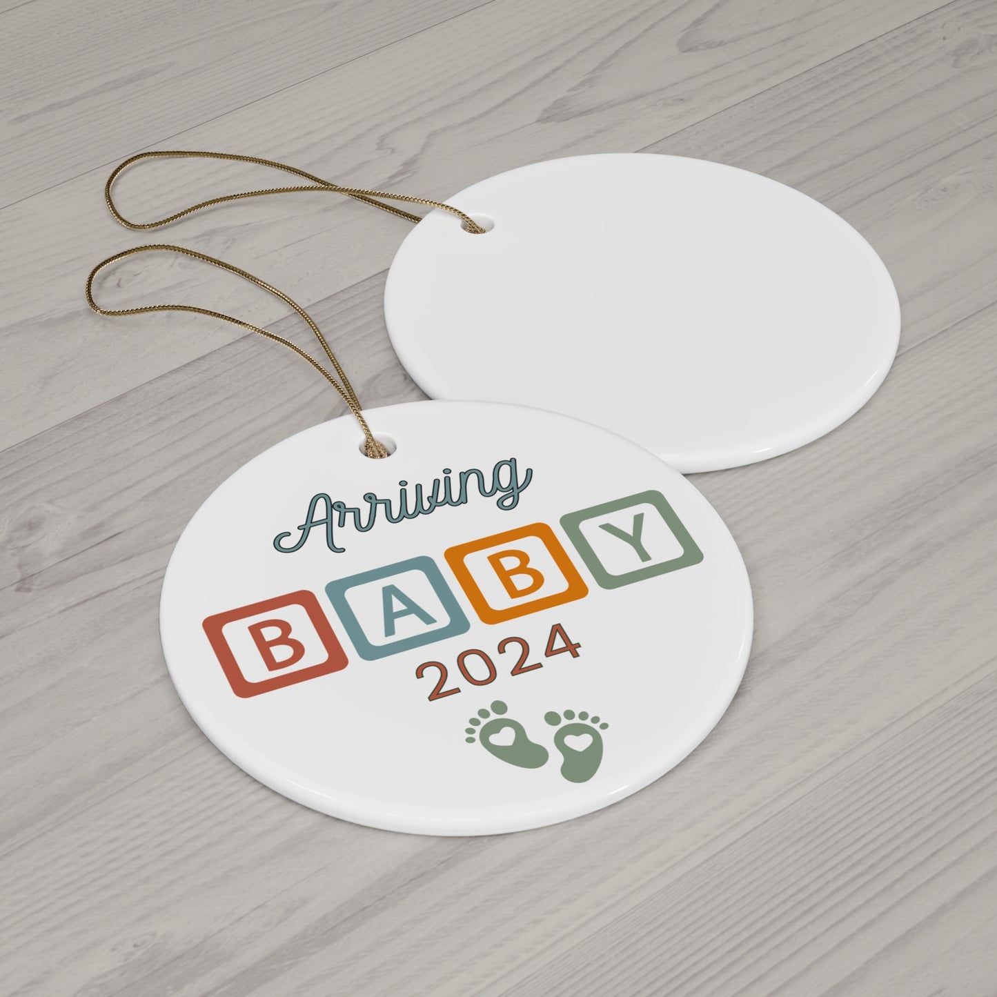 Baby Announcement 2024 Arriving Soon Coming Christmas Holiday Keepsake Ceramic Ornament Heart or Circle
