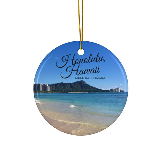 Honolulu Hawaii Mêle Kalikimaka Merry Christmas Holiday Keepsake Circle Ceramic Ornament