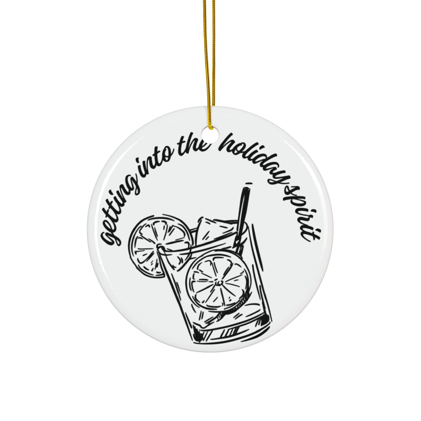 Holiday Spirit Christmas Ceramic Ornament Alcohol Cocktail Fun White Black Circle