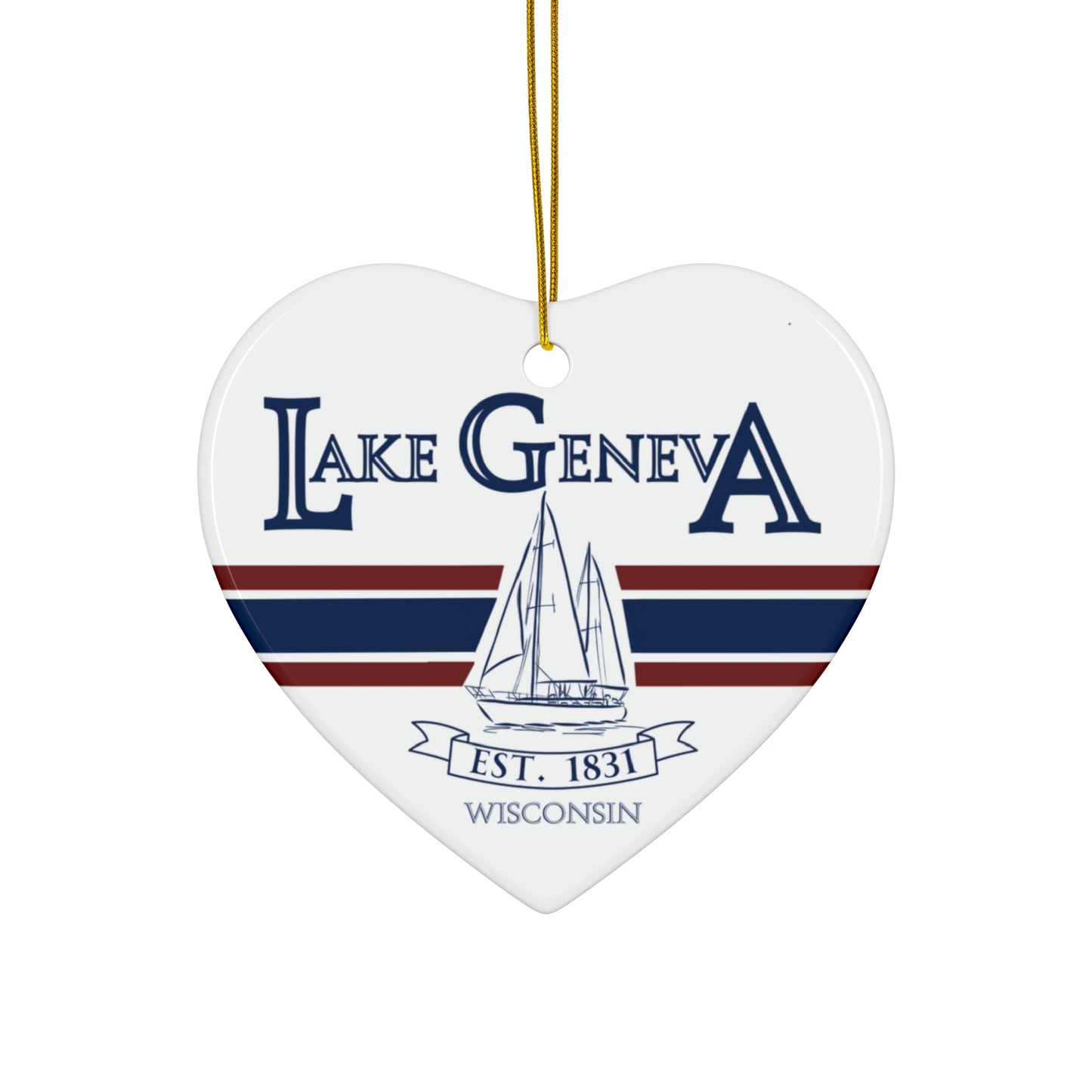 Lake Geneva Wisconsin Christmas Holiday Ornament Boat Ceramic Keepsake Circle