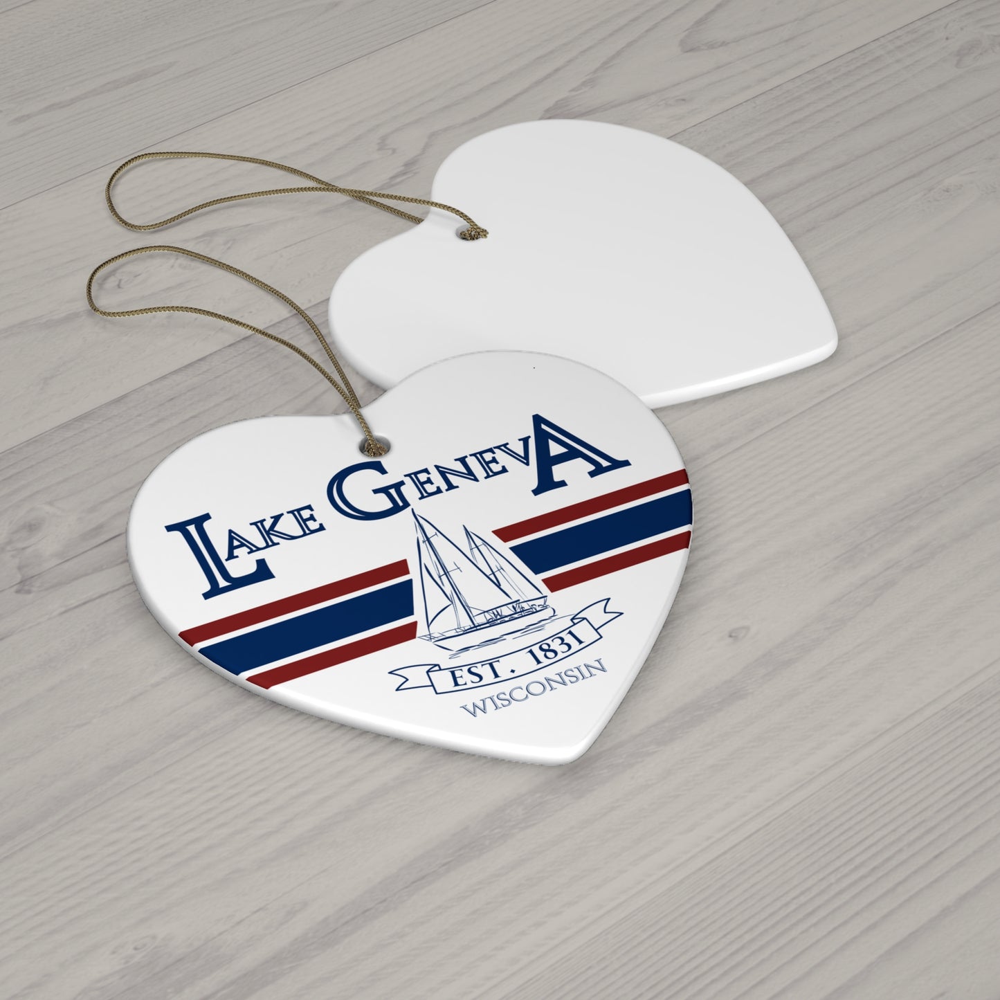 Lake Geneva Wisconsin Christmas Holiday Ornament Boat Ceramic Keepsake Circle