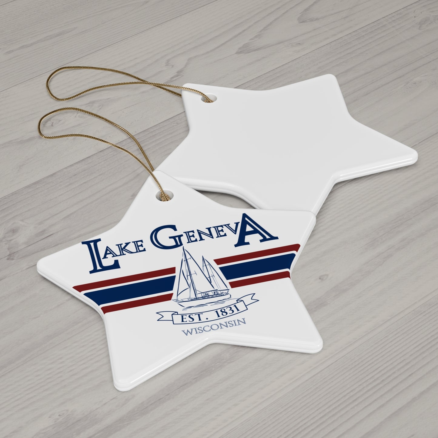 Lake Geneva Wisconsin Christmas Holiday Ornament Boat Ceramic Keepsake Circle