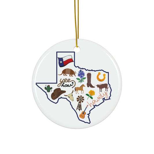 Texas Themed Holiday Christmas Ceramic Ornament Cowboy Yeehaw horse bluebonnet