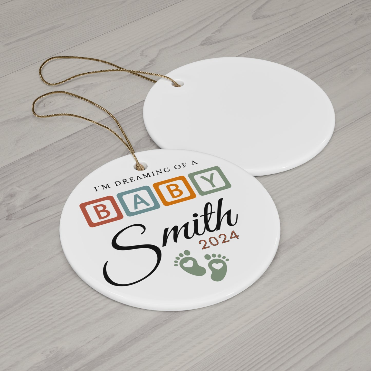 Custom Baby Announcement 2024 Coming Arriving Soon Christmas Holiday Ceramic Ornament 3 shapes - Heart, Circle, Snowflake Customizable