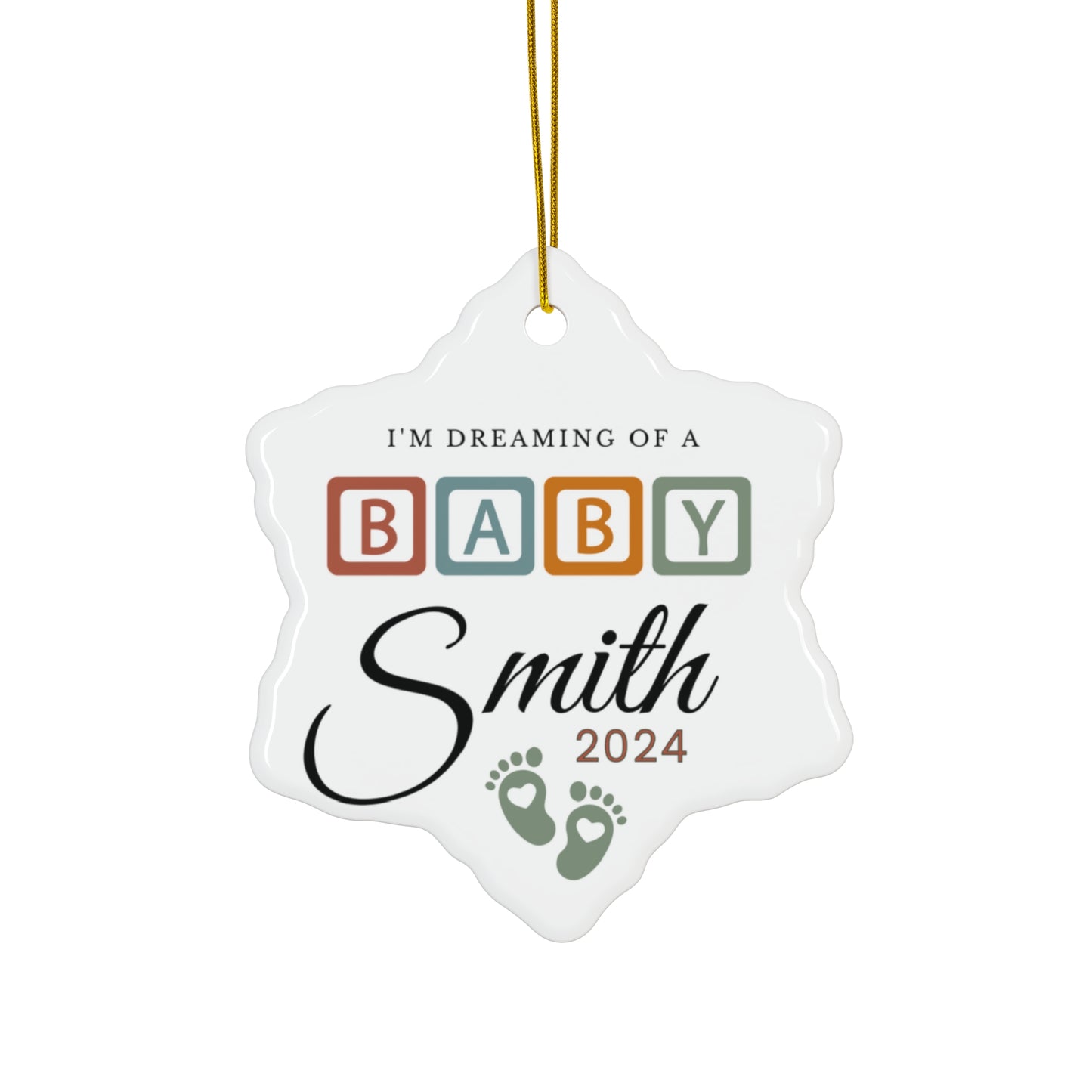 Custom Baby Announcement 2024 Coming Arriving Soon Christmas Holiday Ceramic Ornament 3 shapes - Heart, Circle, Snowflake Customizable