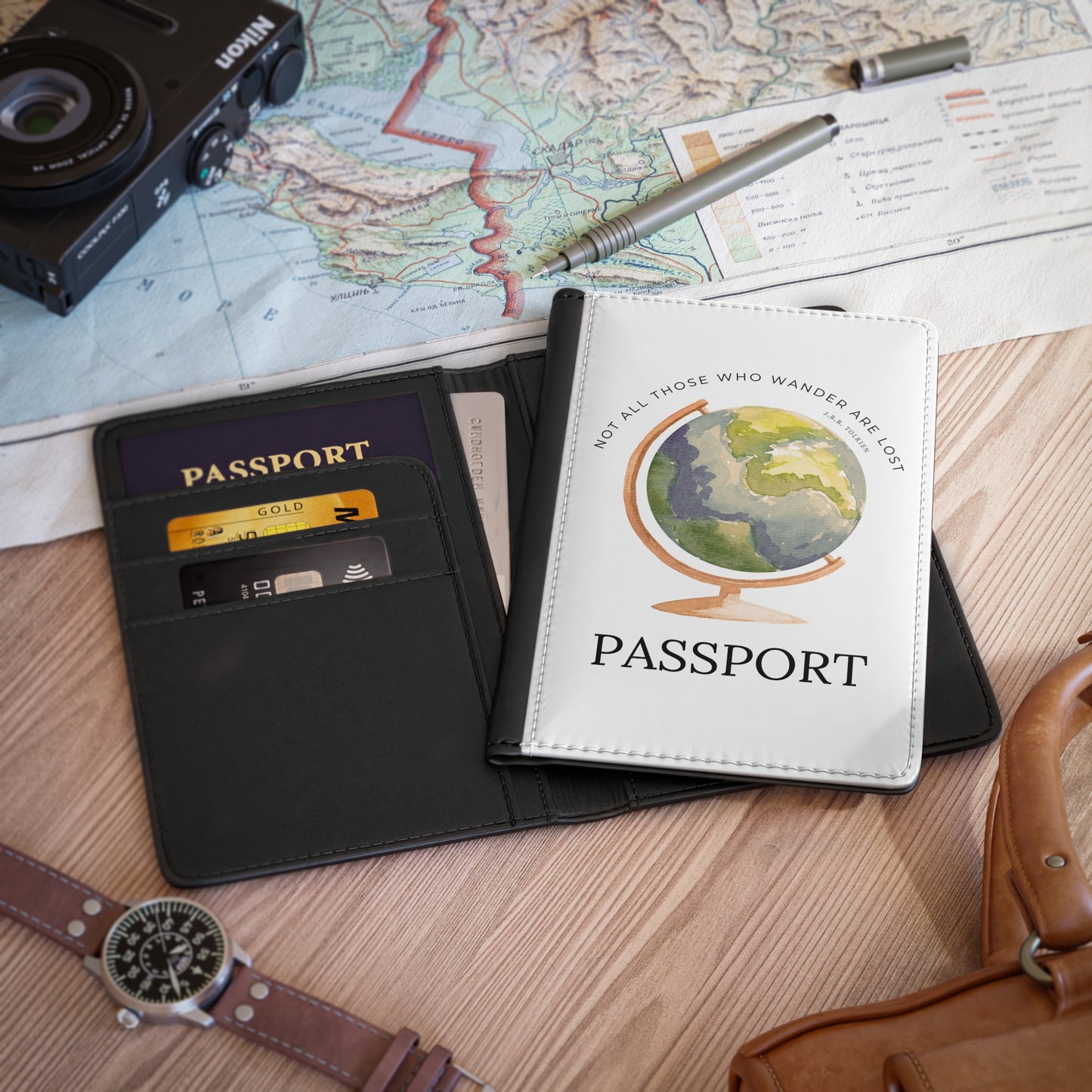 Passport Cover Travel Globe Quote Personalized Faux Leather Luxury Gift Essential Pockets