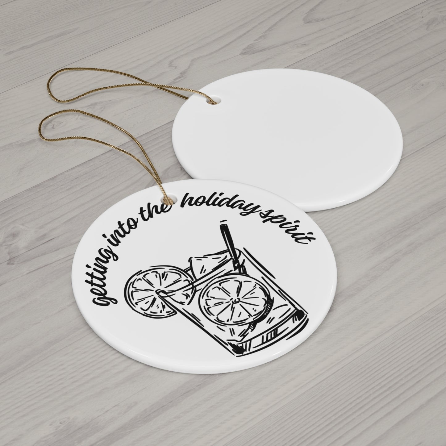 Holiday Spirit Christmas Ceramic Ornament Alcohol Cocktail Fun White Black Circle