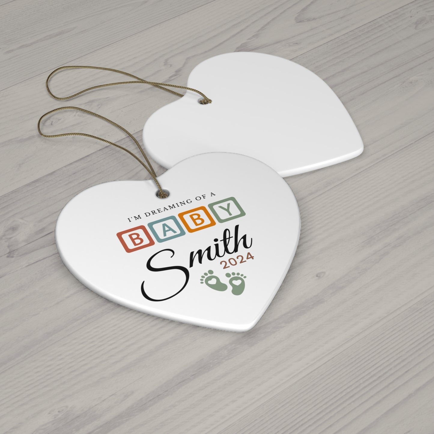 Custom Baby Announcement 2024 Coming Arriving Soon Christmas Holiday Ceramic Ornament 3 shapes - Heart, Circle, Snowflake Customizable
