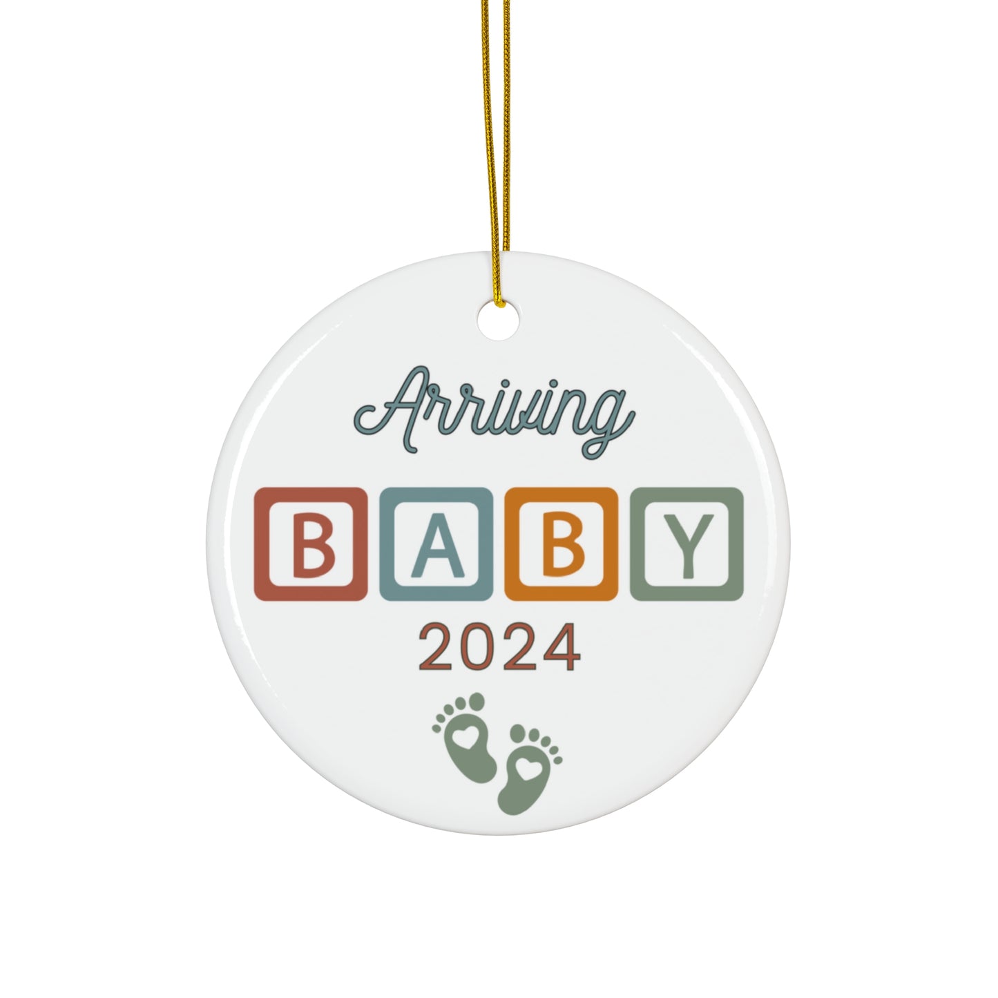 Baby Announcement 2024 Arriving Soon Coming Christmas Holiday Keepsake Ceramic Ornament Heart or Circle