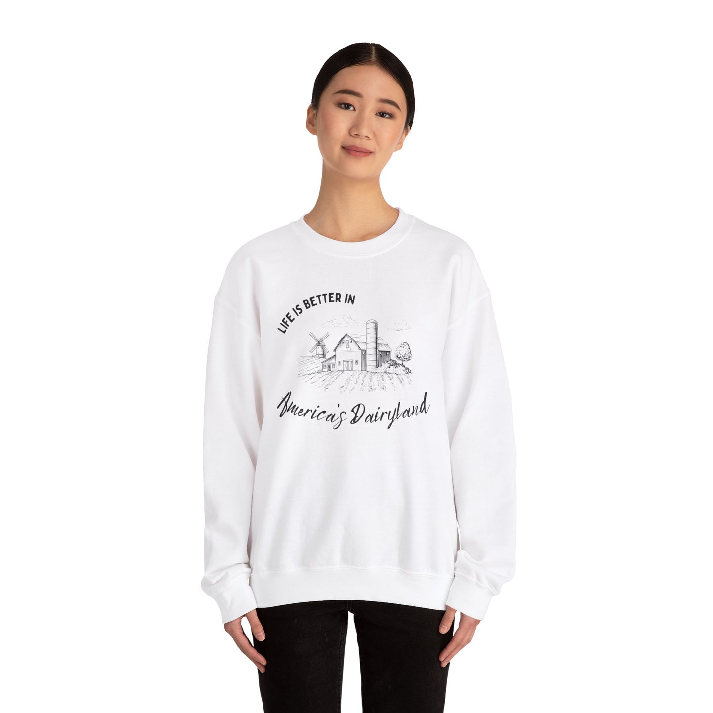 Life is Better in America's Dairyland Wisconsin Farm Sweater Unisex Heavy Blend™ Crewneck Sweatshirt
