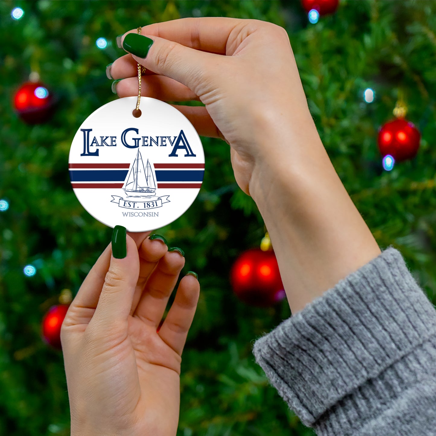 Lake Geneva Wisconsin Christmas Holiday Ornament Boat Ceramic Keepsake Circle