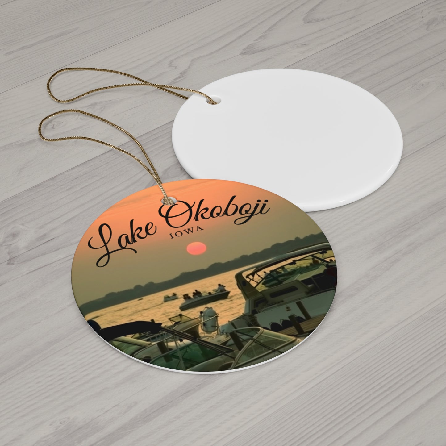 Lake Okoboji Iowa Christmas Holiday Keepsake Circle Ceramic Ornament
