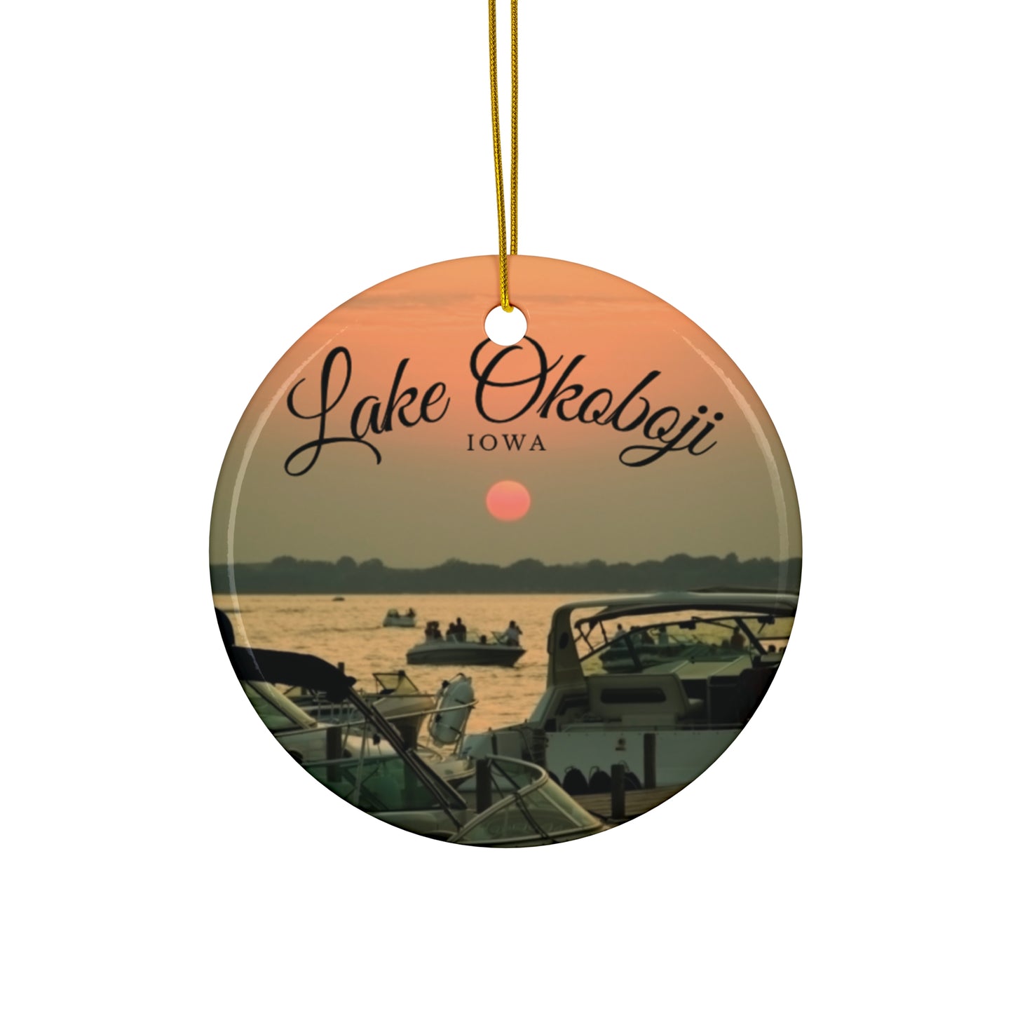 Lake Okoboji Iowa Christmas Holiday Keepsake Circle Ceramic Ornament