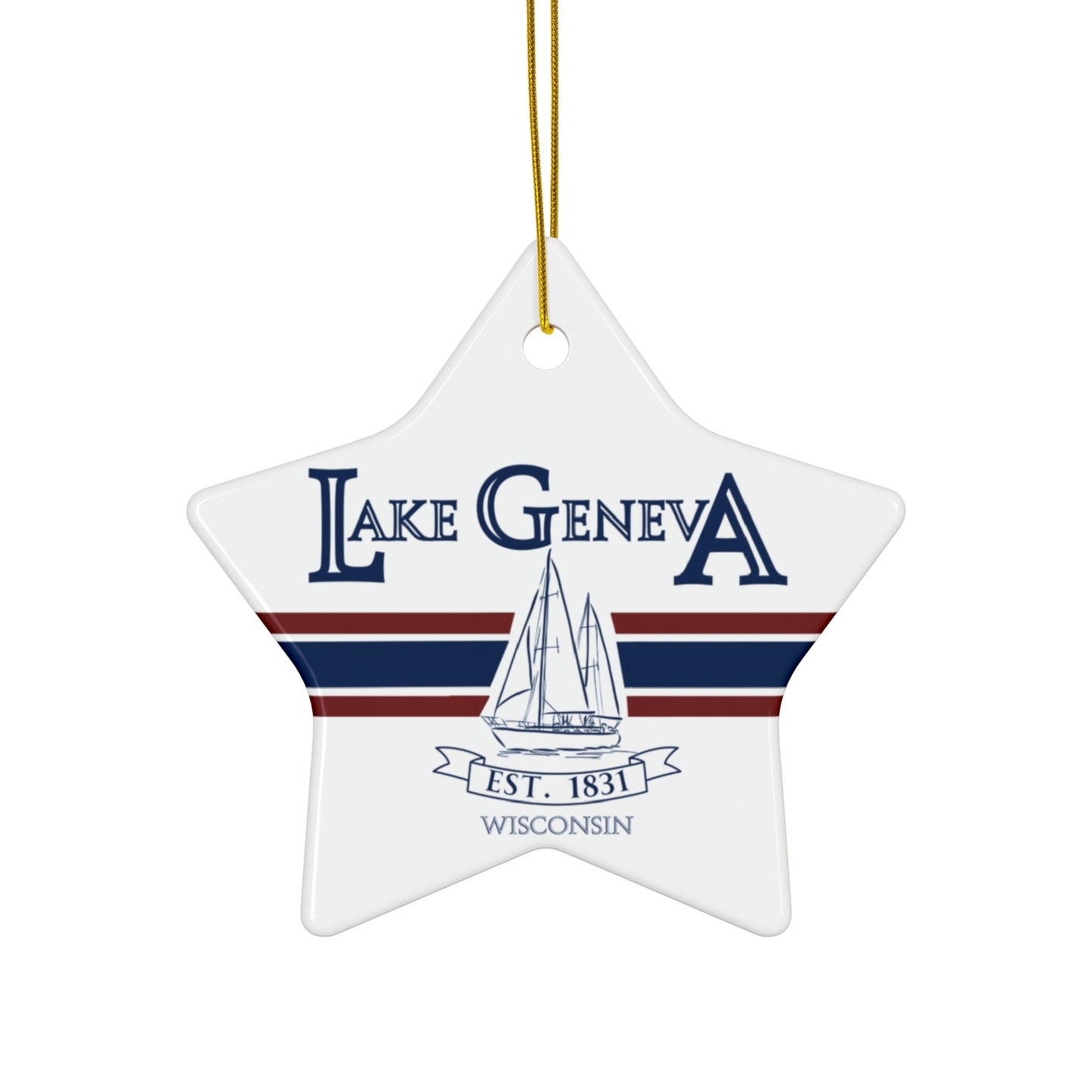 Lake Geneva Wisconsin Christmas Holiday Ornament Boat Ceramic Keepsake Circle
