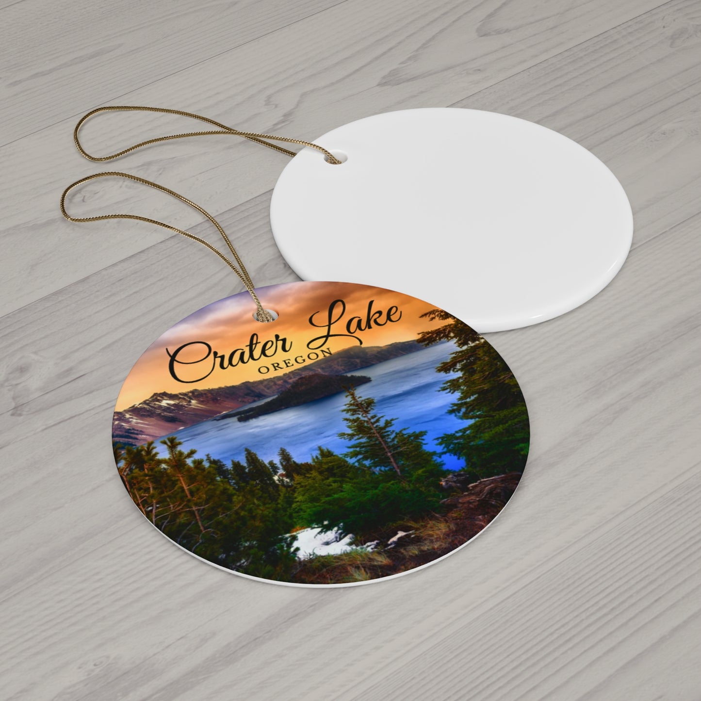 Crater Lake Oregon Christmas Holiday Keepsake Circle Ceramic Ornament